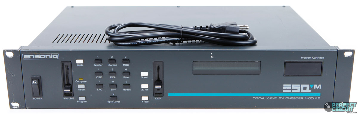 Archival-style photograph of an Ensoniq ESQ-M rackmount synthesizer module
