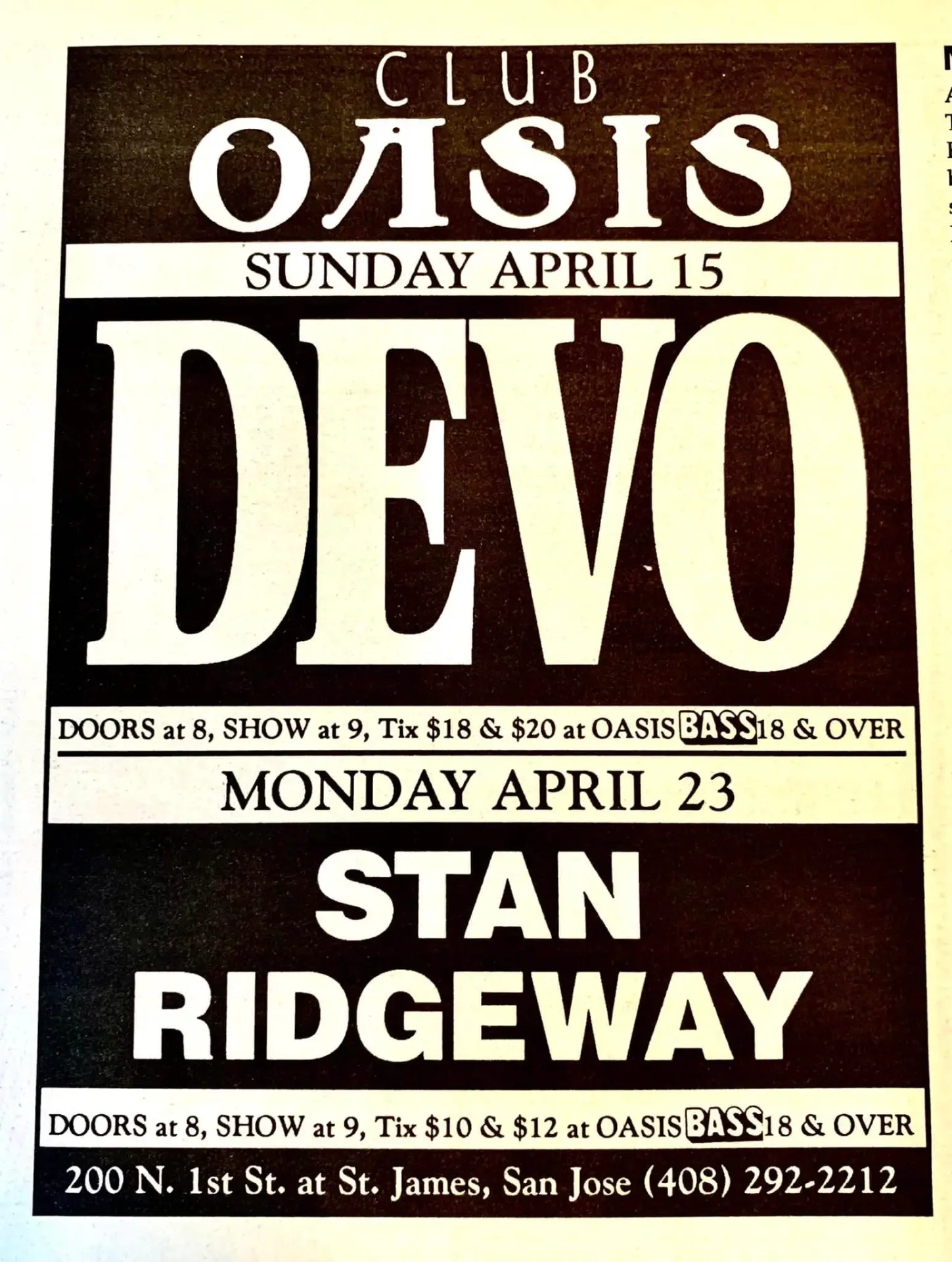 Original Club Oasis handbill advertising Devo (Sunday April 15) and Stan Ridgeway (Monday April 23) before Detsky Mir was added as support