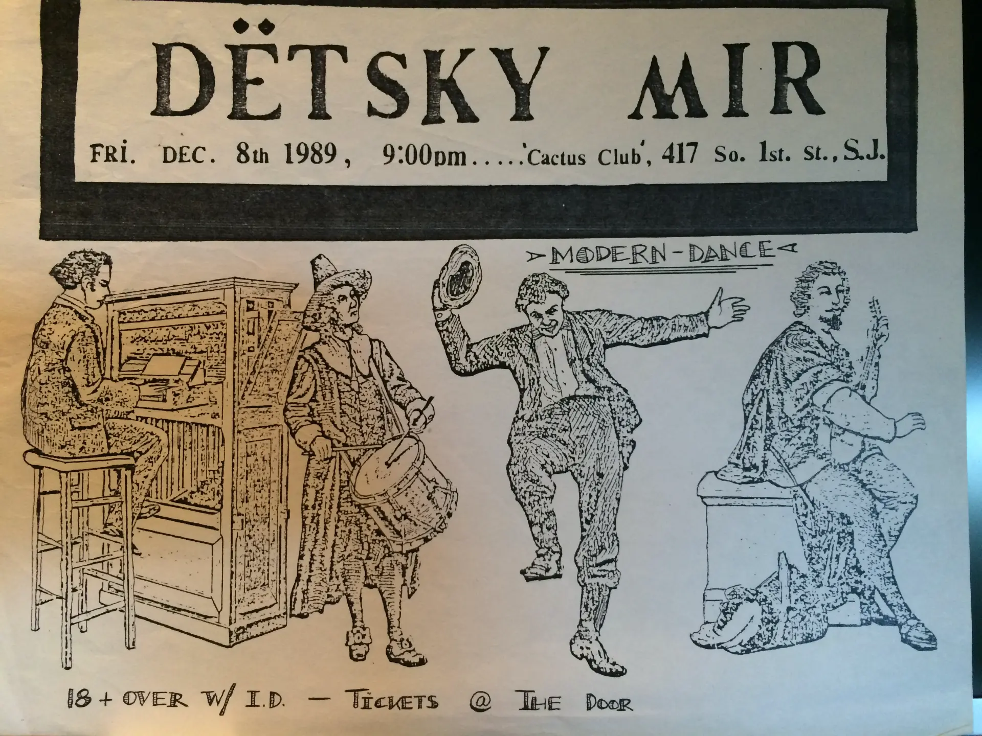 Aged Detsky Mir show flyer for Friday December 8, 1989 at the Cactus Club in San Jose, with a hand-drawn modern-dance illustration