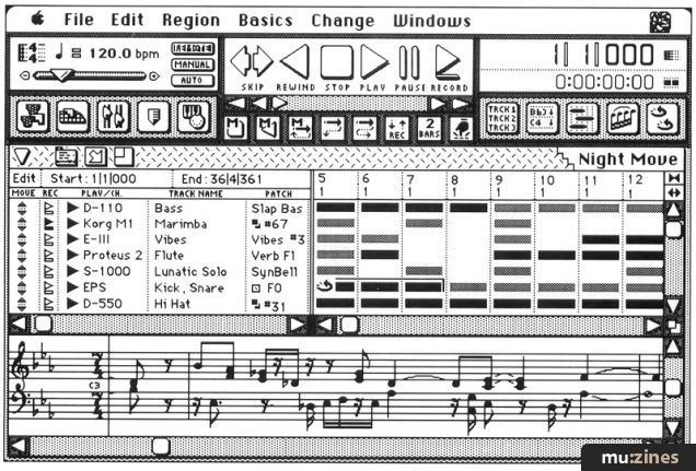 Black-and-white Digital Performer sequencer screen showing a track list, transport controls, MIDI regions and notation
