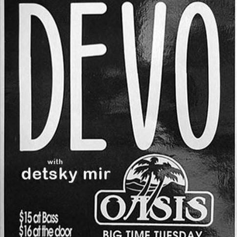 Black handbill with large white 'DEVO' lettering and 'detsky mir' listed as support, plus the Oasis palm-tree logo and ticket pricing